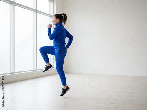 Woman exercising indoors while wearing blue athletic outfit doing high knees  