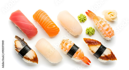 A selection of various fresh sushi pieces, showcasing different flavors and textures. The sushi is meticulously arranged with colorful toppings