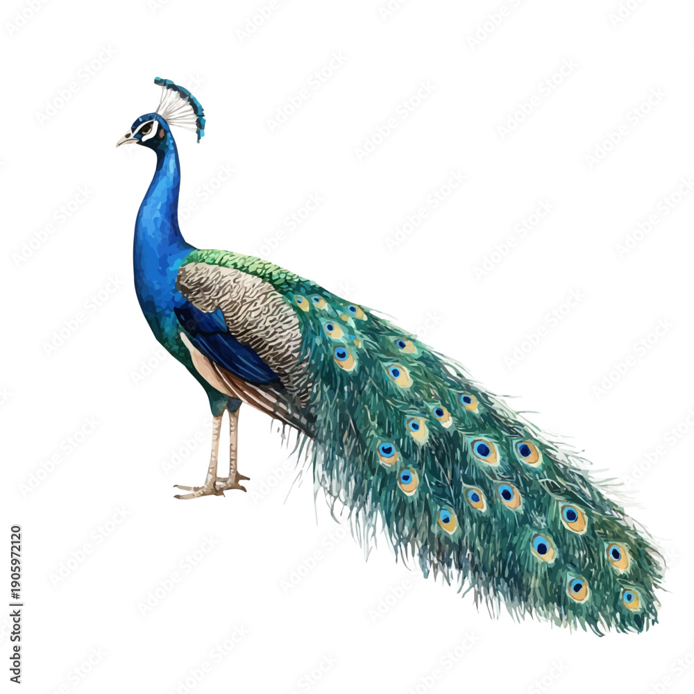 Obraz premium Peacock, illustration watercolor with dynamic strokes and balanced color harmony, isolated on a white background.