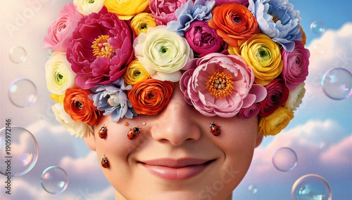 Surreal concept of a smiling woman wearing a vibrant crown of colorful peonies and ranunculus flowers with ladybugs on her face and bubbles in the sky