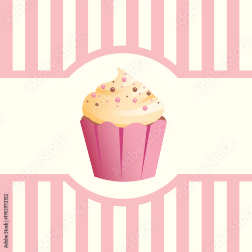 Cute poster design, menu, and advertisement design with stripes, and a vanilla cream cupcake with a pink basket decorated with edible pearls.