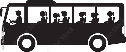 Black silhouette of a bus with a driver and passengers inside also transparent background white background