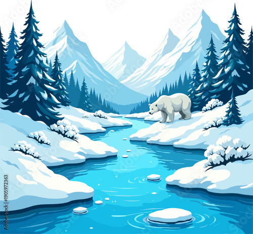 Arctic river landscape with polar bears, icy streams, snowy mountains and winter forest scenery