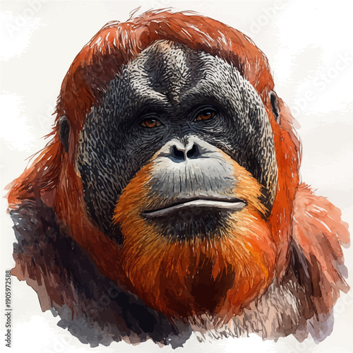 Orangutan, illustration watercolor with playful splashes and delicate line details, isolated on a white background.