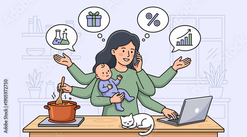 Multitasking working mother juggling baby, cooking, phone and laptop, concept for work-life balance, productivity management and parental challenges