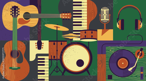 Abstract graphic background of musical instruments: guitar, piano, drums, mic, headphones and turntable in vintage colors, concept for music advertising, festival posters and studio identity