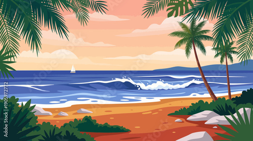 Colorful vector illustration of a tropical beach framed by palm leaves, featuring dynamic ocean waves and a peaceful sailboat, concept for resort marketing, nature backgrounds and digital wallpapers