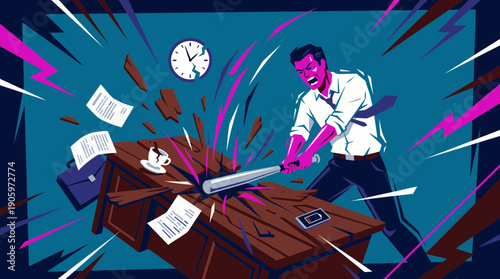 Angry manager destroying desk with baseball bat in vibrant illustration of stress and rage, concept for stress management, corporate burnout solution and employee frustration