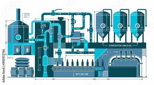 Brewing process diagram illustration showing fermentation tanks, bottling line and industrial piping system, concept for manufacturing reports, engineering schematics and corporate presentations