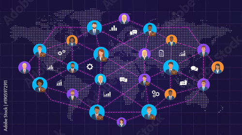 Worldwide network illustration showing diverse professional avatars connected on a dark map background, concept for international business collaboration, global data exchange and remote teamwork