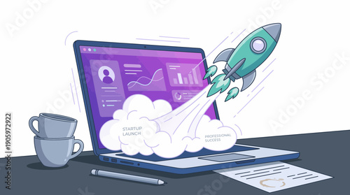 Green rocket launching from a laptop screen showing purple business dashboards and charts, concept for business presentation, entrepreneurial ventures and rapid development