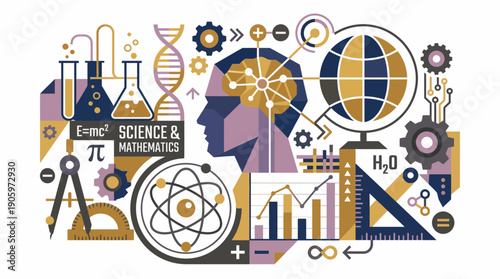 Abstract geometric illustration showcasing comprehensive science, mathematics, technology, brain, DNA and data symbols, concept for education, scientific research and innovation