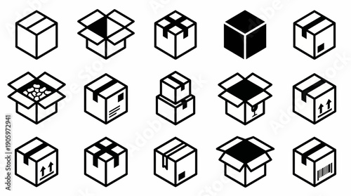 Isometric vector set of 15 cardboard package and shipping box icons in outline and filled styles, concept for logistics diagrams, global delivery services and e-commerce UI design
