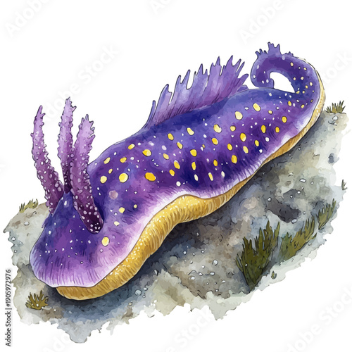 Nudibranch, refined watercolor illustration with luminous tones and soft layered brushwork, isolated on a white background.