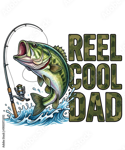 A playful illustration of a large fish on a fishing line with the phrase reel cool dad