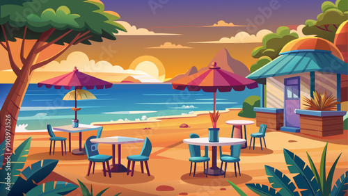 Cartoon vector illustration of a seaside cafe with tables on sand warm sunset light calm sea and clean flat design