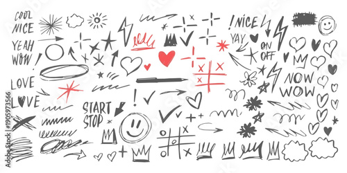 Hand-drawn scribble doodles and icons set with hearts, arrows, stars, smiley face, and text elements for creative design