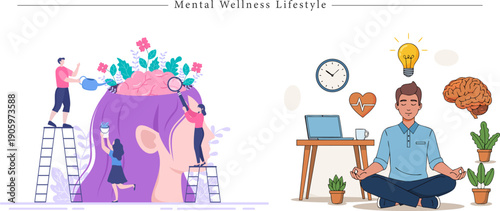 Premium Mental Wellness and Self Care Illustration Mindfulness Meditation, Brain Garden and Work Life Balance Vector