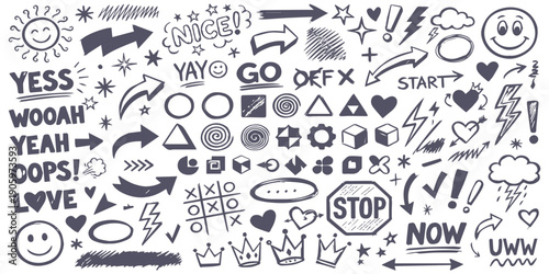Collection of hand drawn doodle elements with arrows, smiley faces, hearts, and text for creative design projects