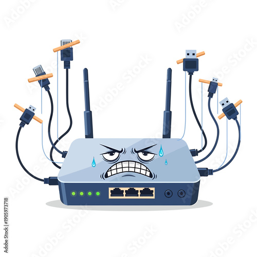 Cute Cartoon Sticker of a Frustrated Wi-Fi Router Overloaded with Multiple Cables and Antennas