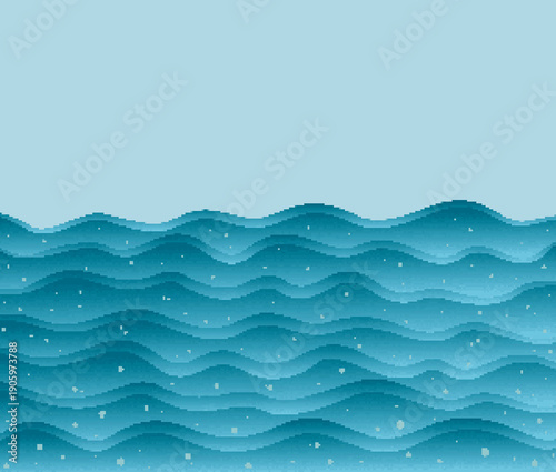 Pixel landscape with blue sea.