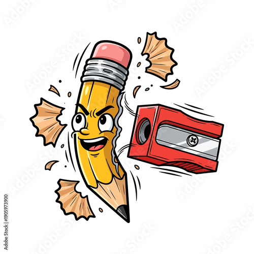 A Cute Cartoon Sticker featuring a Pencil Fiercely Sharpening with a Sharpener