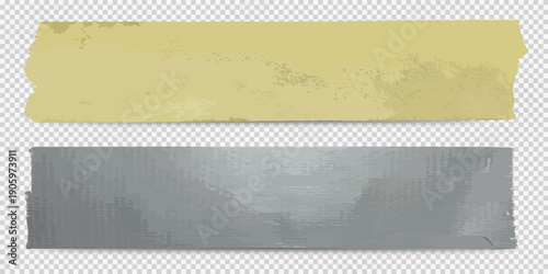 Abstract collection of paper textures and metallic ribbon on transparent background.