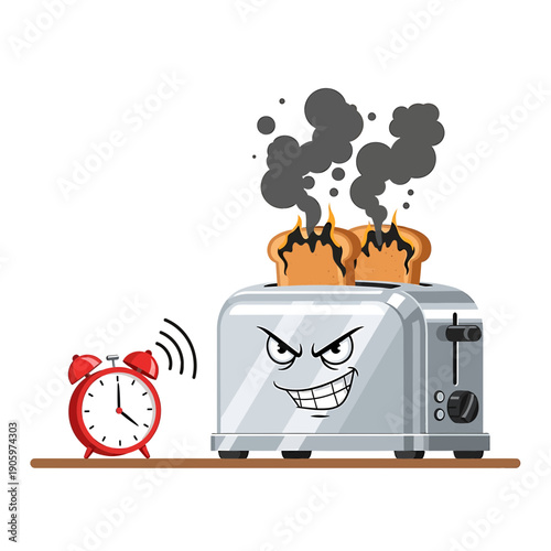 Cute Cartoon Sticker of an Angry Toaster with Burning Toast and an Alarm Clock on a Table