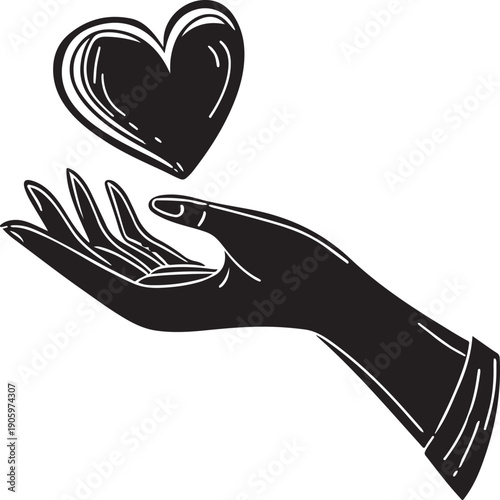Premium black silhouette vector of hand holding heart, modern minimalist flat design, smooth curves, clean outlines, love, care, Valentine’s Day illustration