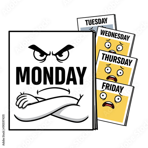 Cute Cartoon Sticker illustrating weekdays with Monday having an angry expression and flexing arm
