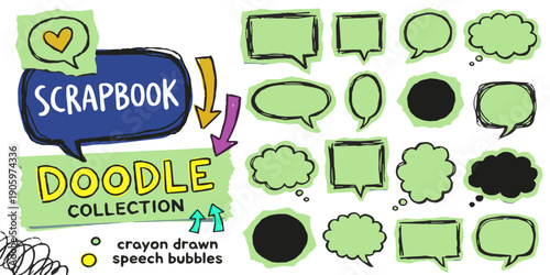 Hand-drawn doodle speech bubbles and scrapbook elements collection for creative communication and design