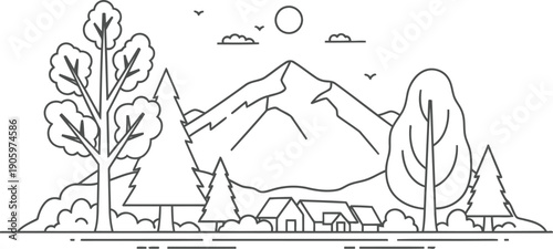Whimsical sketch of a quaint house nestled between rolling hills and trees