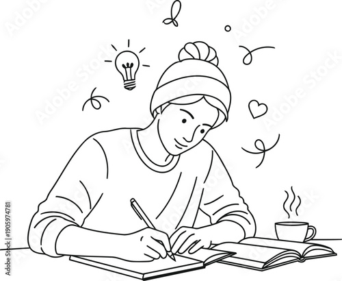 A focused individual studying or working diligently at a desk with a notebook and hat.