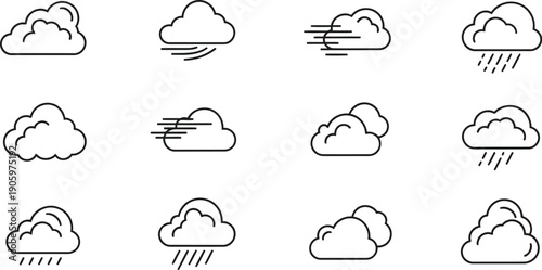 Collection of twelve different weather condition icons depicting various cloud formations and precipitation