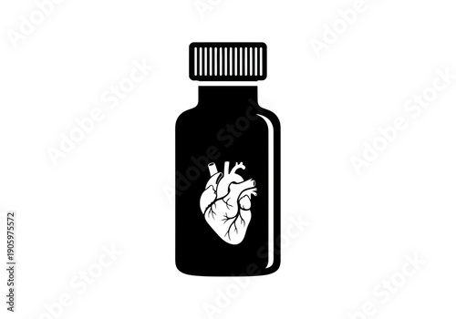 A nice black silhouette of a medicine bottle with a perfect white human heart icon inside