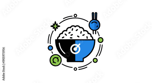 Rice bowl graphic with decorative elements