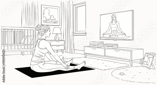 Young woman doing yoga at home, stretching on a mat while following an online fitness class on television. Self-care and healthy lifestyle concept.
