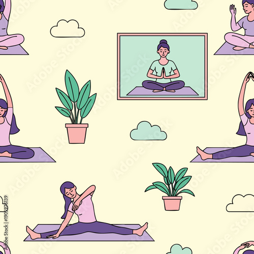 Mindful women in various yoga and meditation poses form a seamless pattern, promoting wellness, healthy living, and inner peace, featuring decorative plants and clouds.