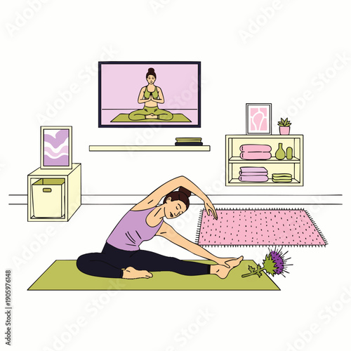Home yoga practice: Woman stretching on a mat in her living room, following an online yoga class on television, embracing self-care and wellness routine.