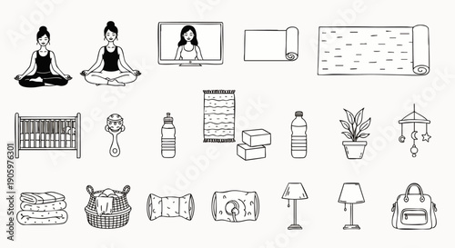 Vector line art icon set: yoga, meditation, baby care, and home essentials. Hand-drawn collection for wellness, nursery, and daily life designs.