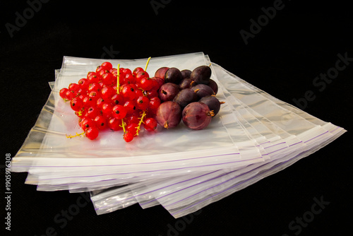 Red currants and gooseberries on ziplock freezer bags, black background