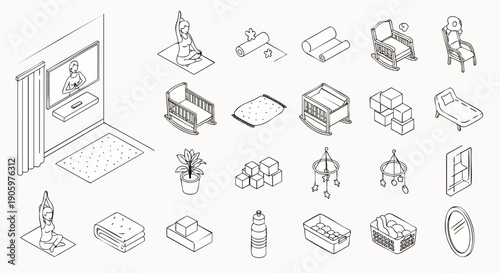 Isometric line art icons collection of home furniture, baby items, and lifestyle elements for interior design and relaxation concepts.