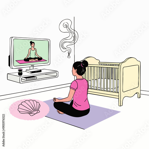 Mindful woman meditating with online yoga instruction at home, finding peace and self-care in a tranquil nursery environment.