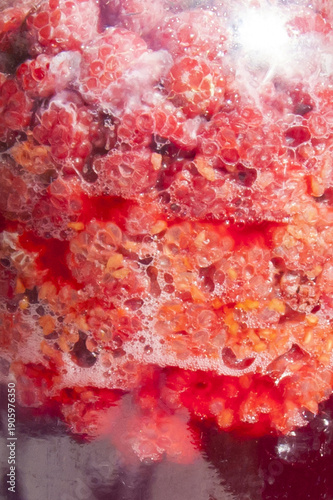 Raspberry cider making process close up, berry fermentation texture and bubbles