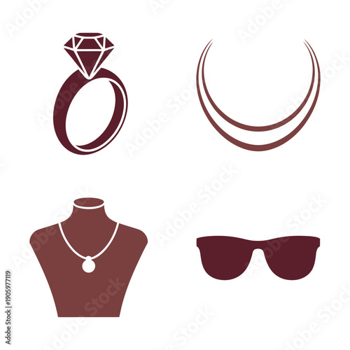 Jewelry and fashion accessories silhouette set with diamond ring, male mannequin bust, necklace, and sunglasses