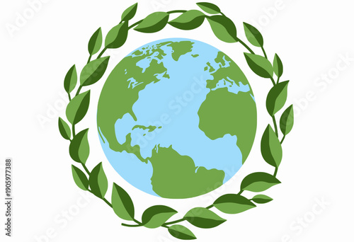 Illustration of the Earth Encircled by a Crown of Green Leaves Symbolizing Environmental Conservation and Global Ecological Awareness