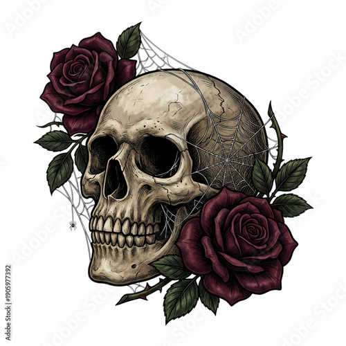 Detailed illustration of a human skull surrounded by deep red roses and spiderwebs, isolated on transparent background