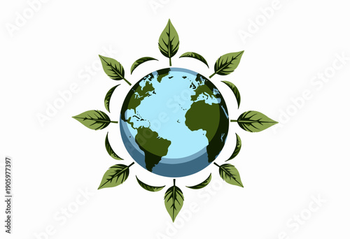 Illustration of Earth's Harmonious Balance with Nature, Featuring a Globe Encircled by Green Leaves, Symbolizing Environmental Conservation and Sustainability