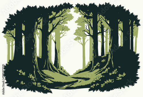 Enchanted Forest Pathway with Sunlit Canopy and Serene Stream Wandering Through Lush Greenery Surrounded by Tall Majestic Trees