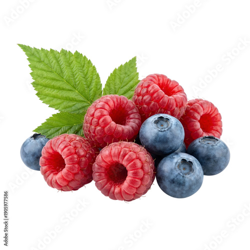 Pile of fresh ripe raspberries and blueberries with green leaves, isolated on transparent background
